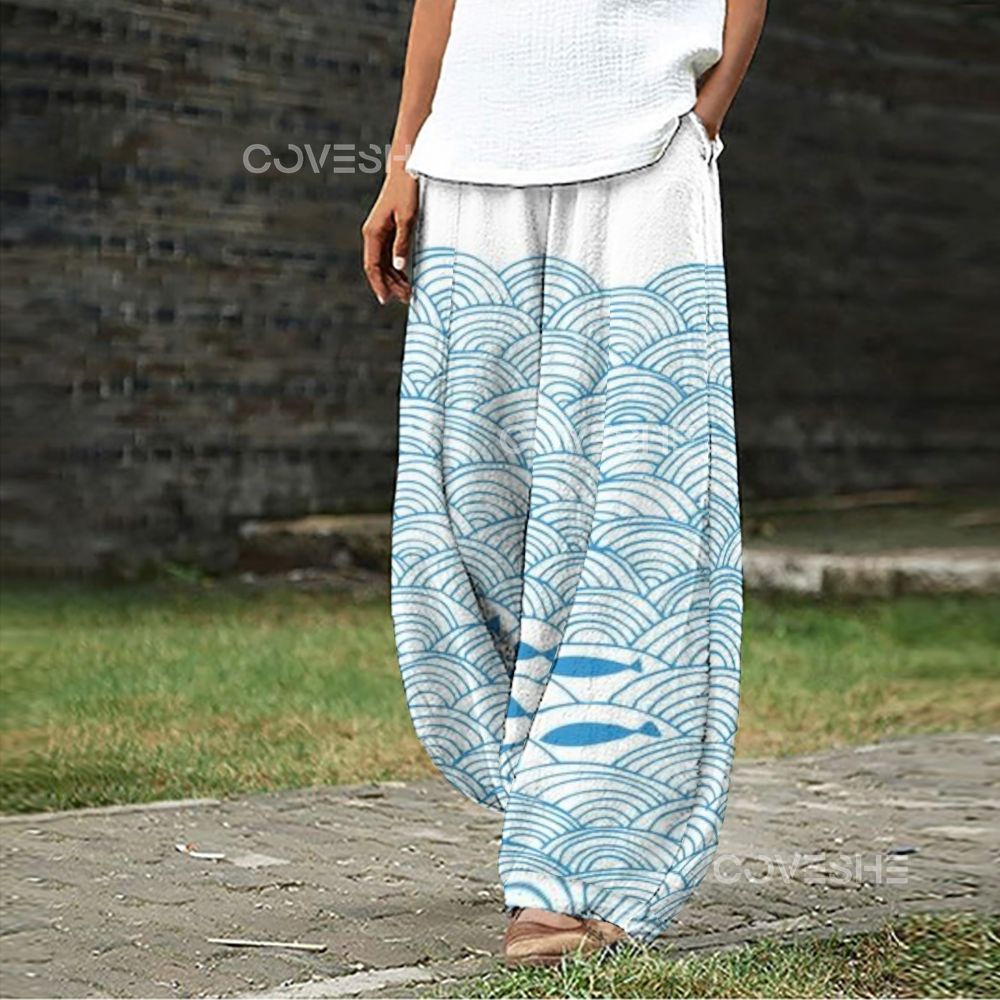 Women's Casual Waves Fish Printed Wide Leg Pants