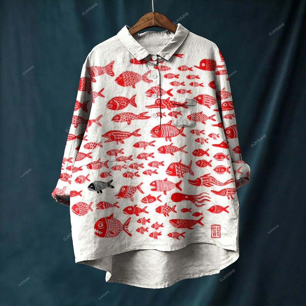 Women's Vintage Red Fish Printed Casual Long Sleeve Shirt