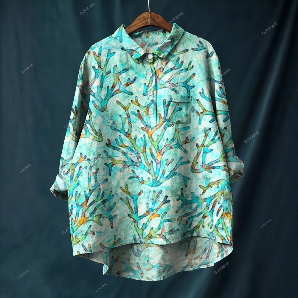 Women's Coral Printed Casual Long Sleeve Shirt