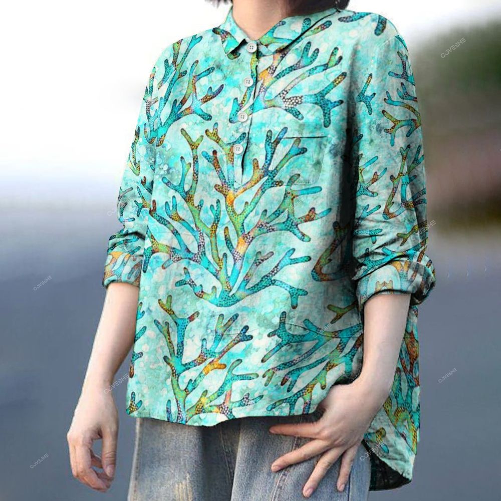 Women's Coral Printed Casual Long Sleeve Shirt