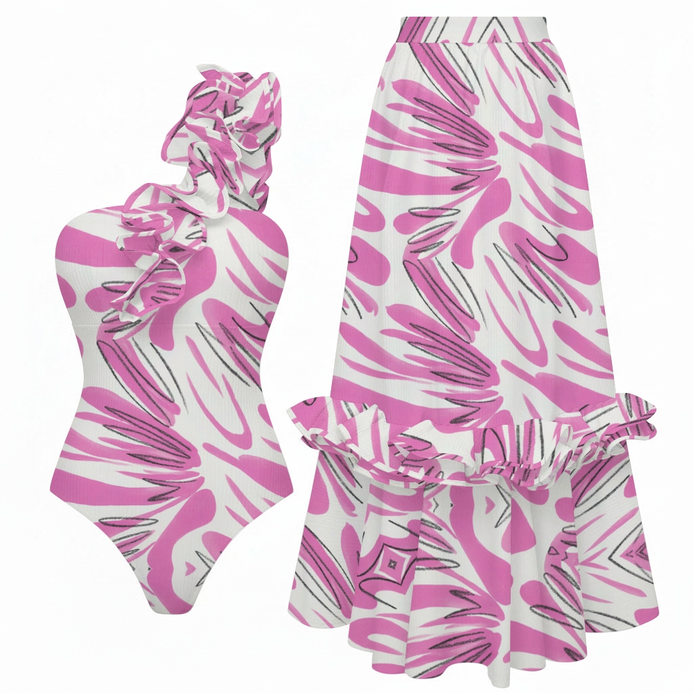 Women's One Shoulder Pink Graffiti Art Print Ruffle One Piece Swimsuit and Skirt