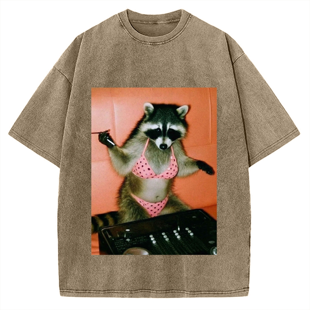 DJ Bikini Raccoon Funny Vintage Washed T-shirt