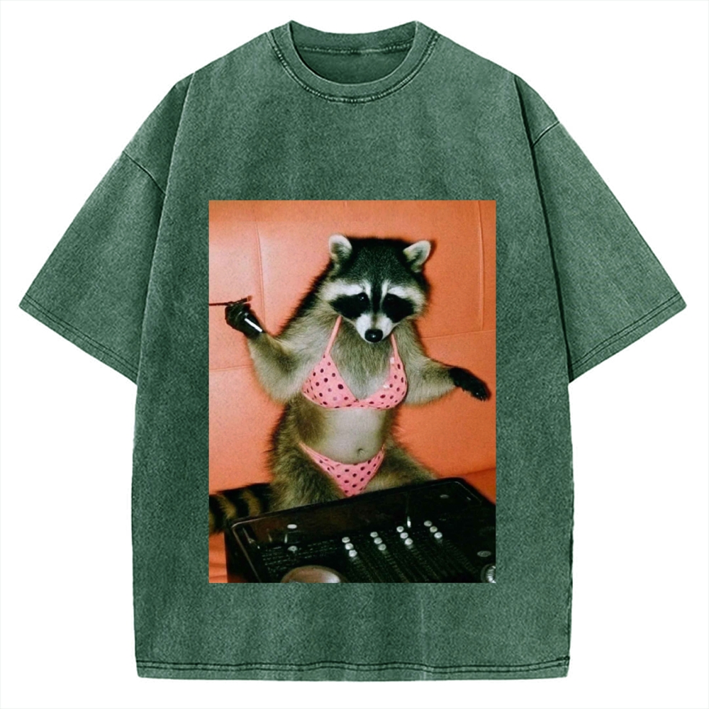 DJ Bikini Raccoon Funny Vintage Washed T-shirt