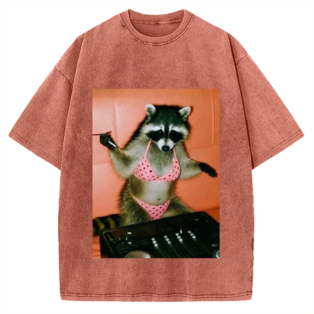 DJ Bikini Raccoon Funny Vintage Washed T-shirt