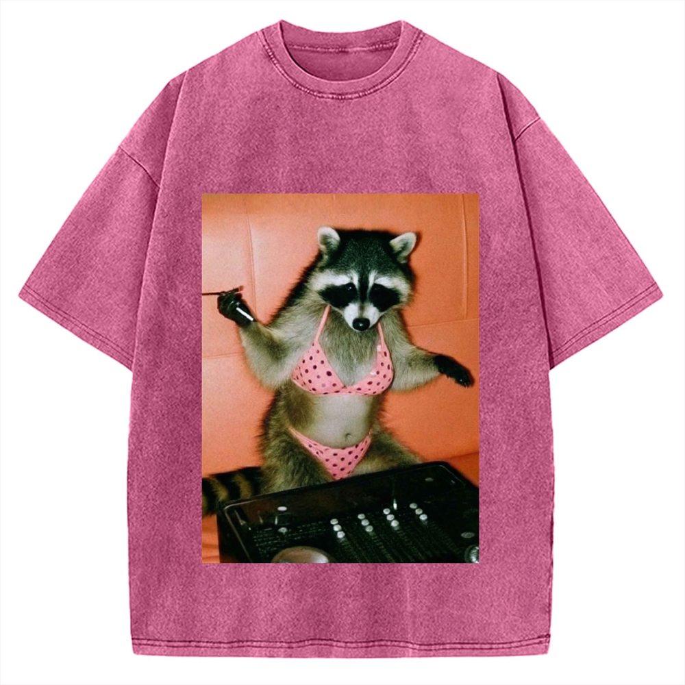 DJ Bikini Raccoon Funny Vintage Washed T-shirt