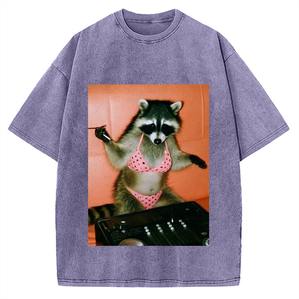 DJ Bikini Raccoon Funny Vintage Washed T-shirt