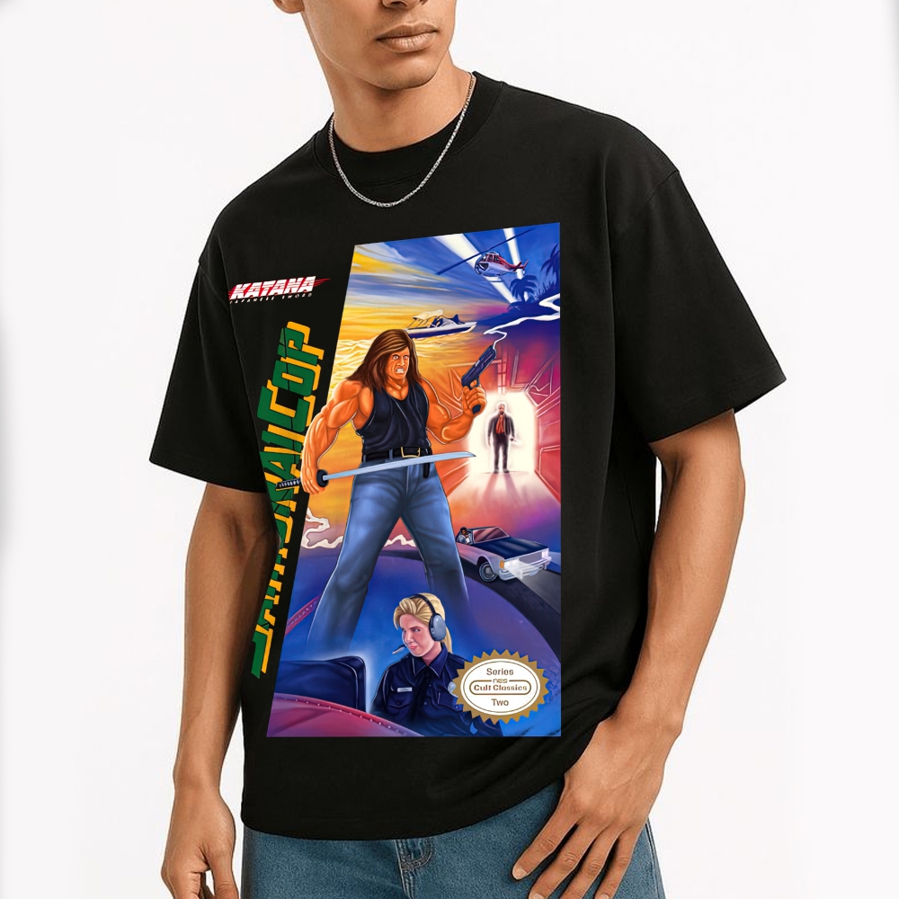 Katana Samurai Cop Retro Action Graphic Cotton T-shirt