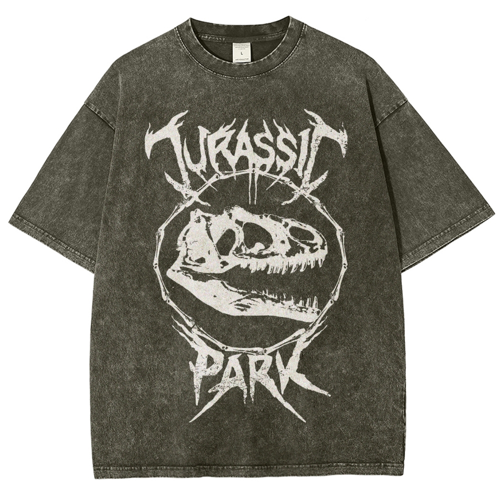  Metal-Style Dino Skull Graphic Washed T-Shirt