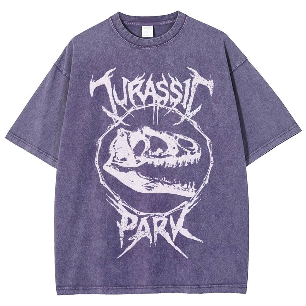  Metal-Style Dino Skull Graphic Washed T-Shirt