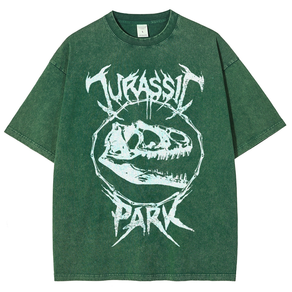 Metal-Style Dino Skull Graphic Washed T-Shirt