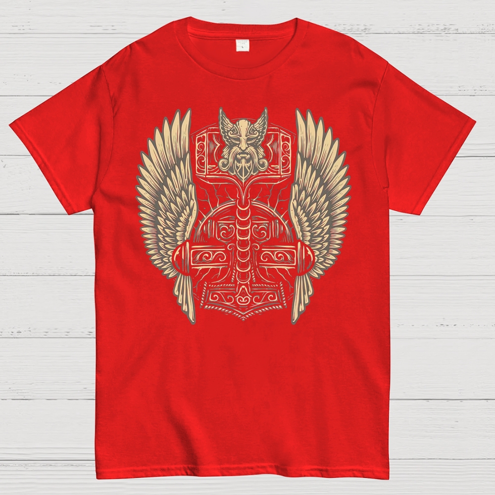 Winged Warhammer Mythical Warrior Badge Cotton T-shirt 