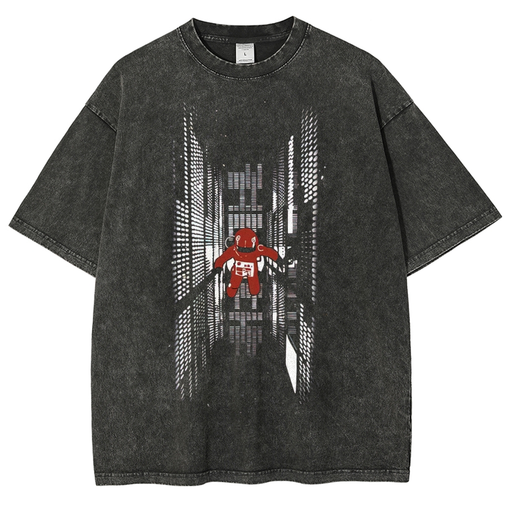 Red Astronaut in Futuristic Corridor Graphic Washed T-Shirt