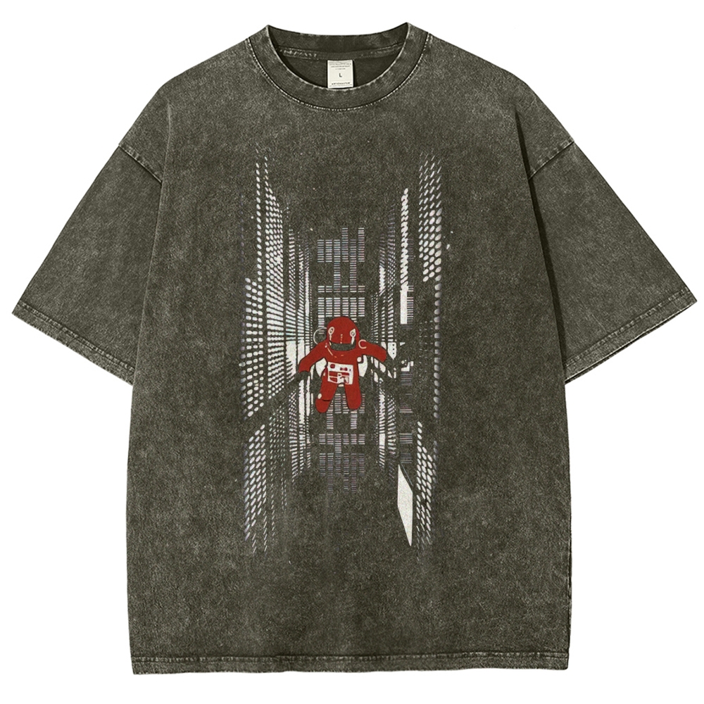 Red Astronaut in Futuristic Corridor Graphic Washed T-Shirt