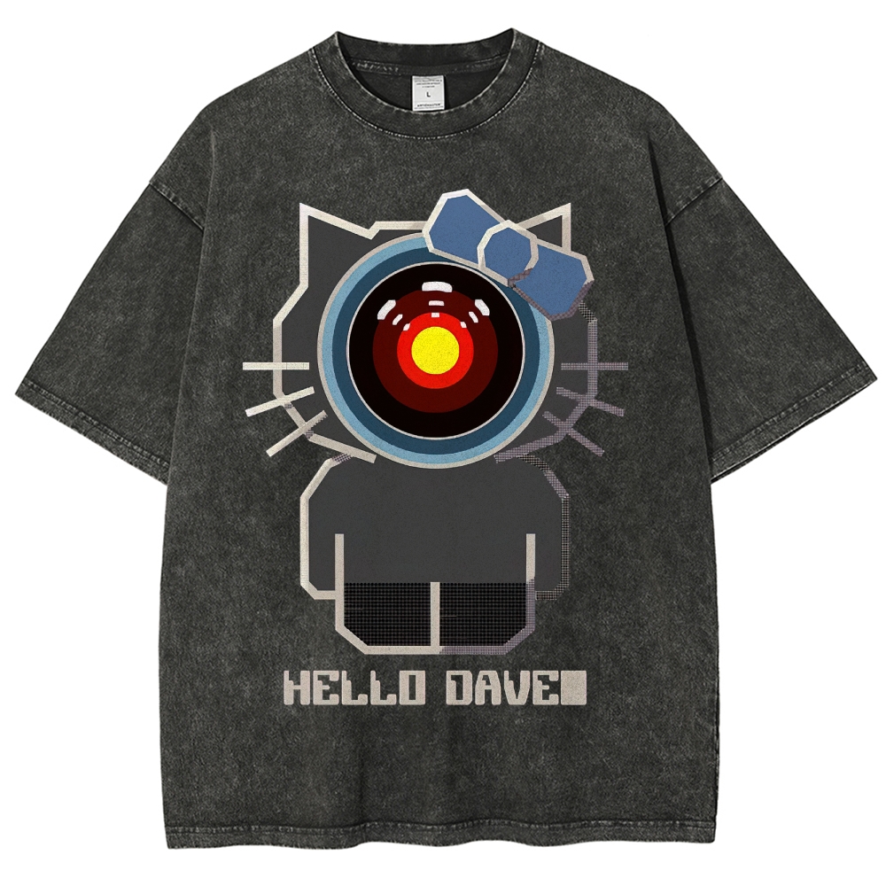 Hello Dave Cat-Style Tech Graphic Washed T-Shirt