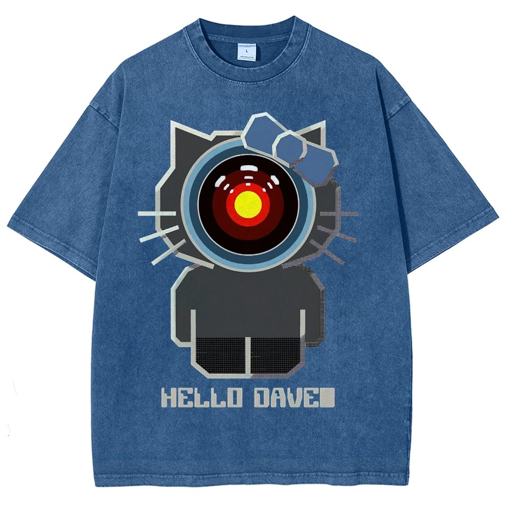 Hello Dave Cat-Style Tech Graphic Washed T-Shirt