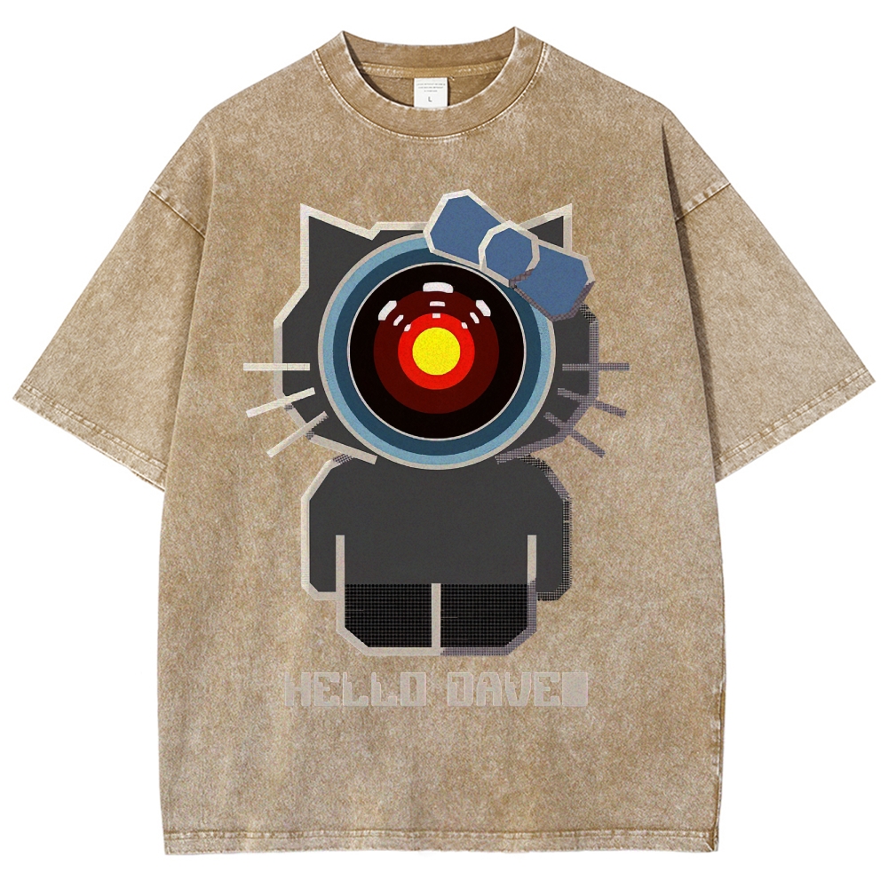 Hello Dave Cat-Style Tech Graphic Washed T-Shirt
