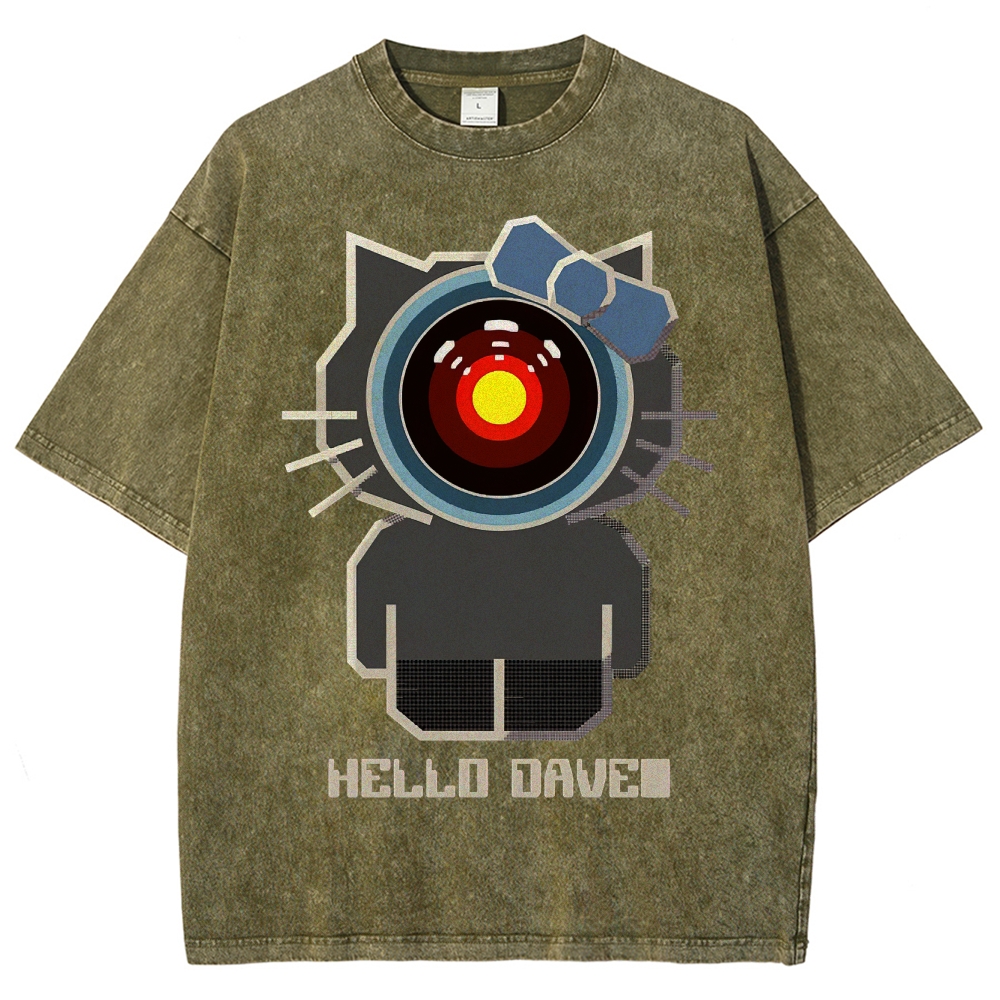 Hello Dave Cat-Style Tech Graphic Washed T-Shirt