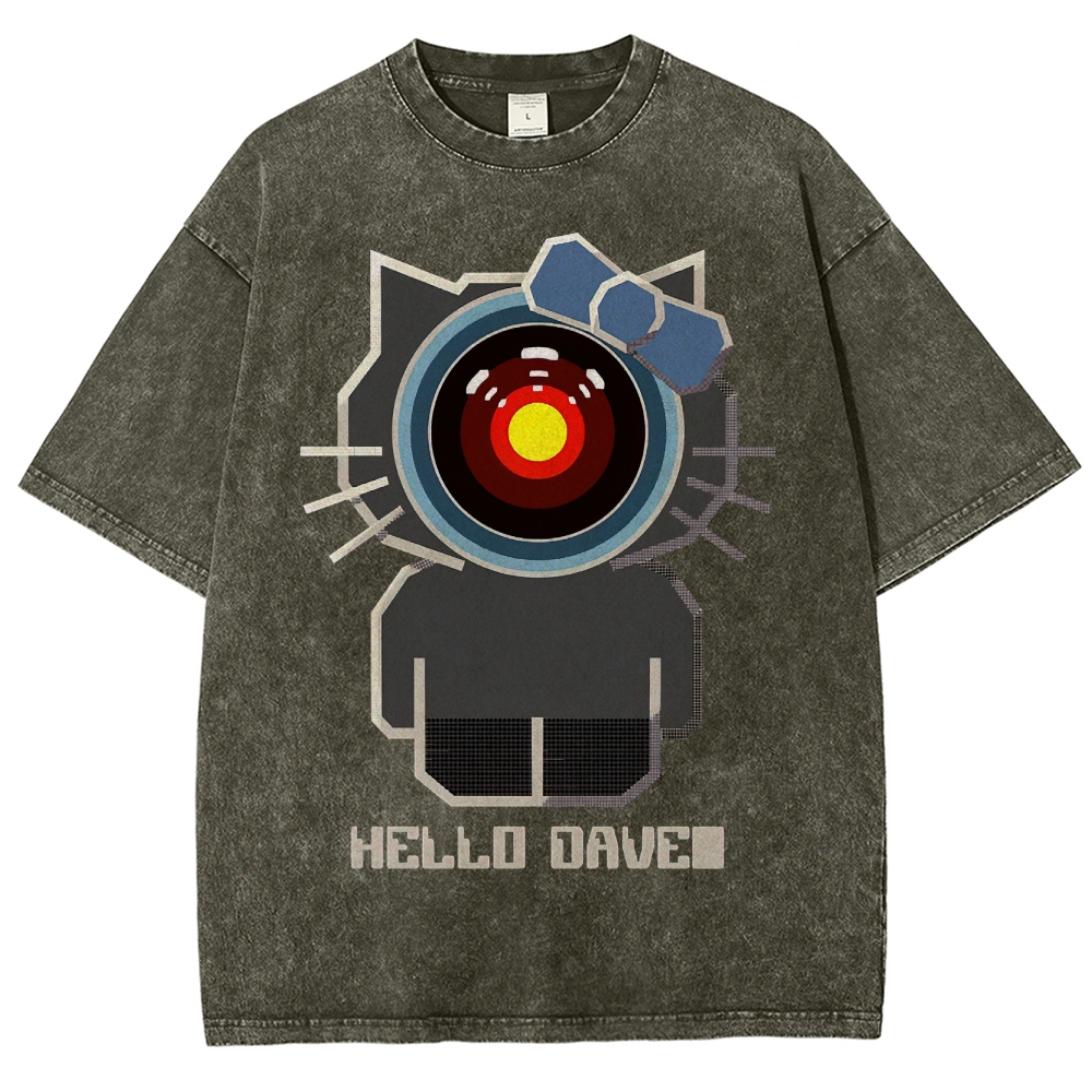 Hello Dave Cat-Style Tech Graphic Washed T-Shirt