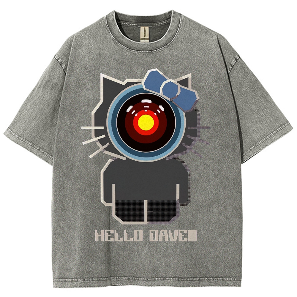 Hello Dave Cat-Style Tech Graphic Washed T-Shirt