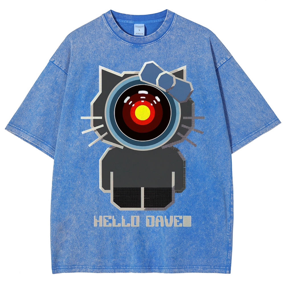 Hello Dave Cat-Style Tech Graphic Washed T-Shirt