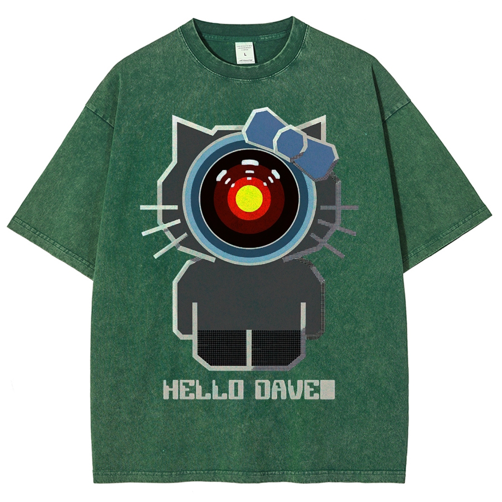 Hello Dave Cat-Style Tech Graphic Washed T-Shirt