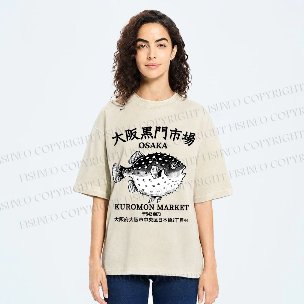 Unisex Osaka Kuromon Market Osaka Fish Market Printed Washed Tee