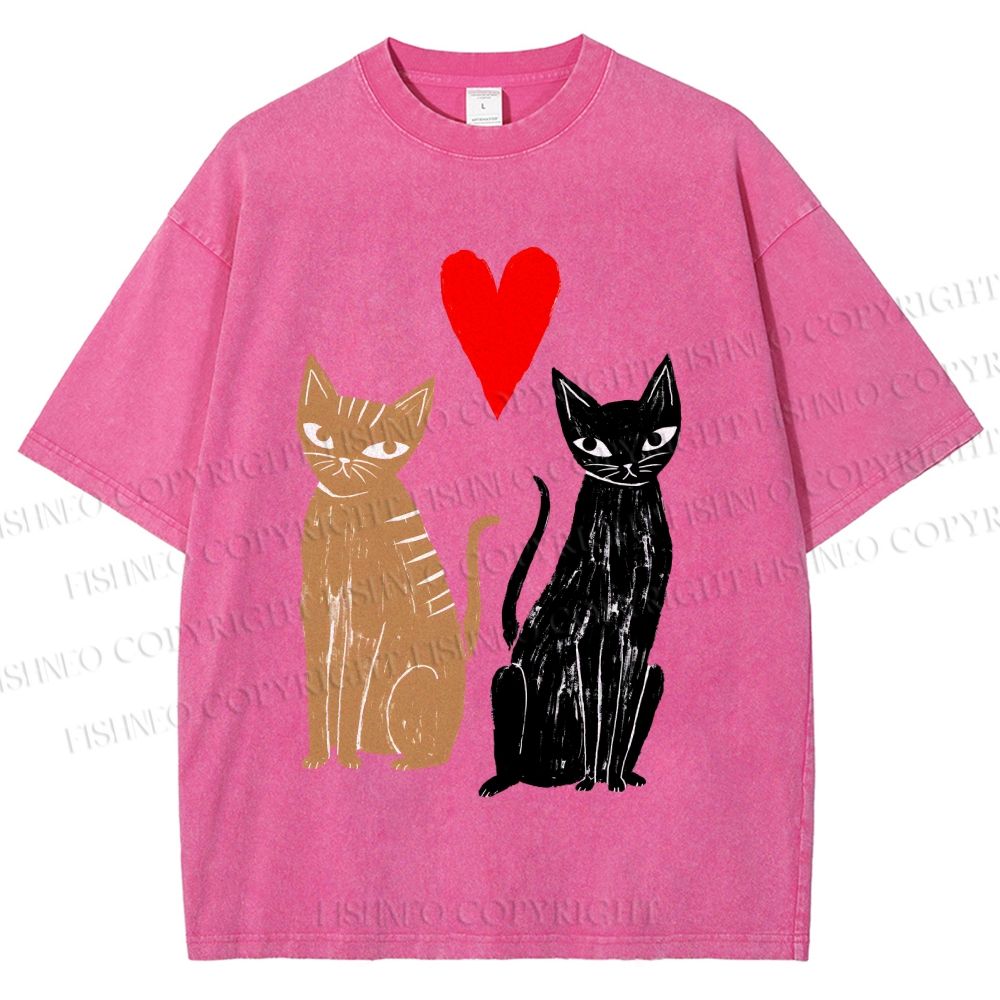 Unisex Heart Cat Printed Washed Tee
