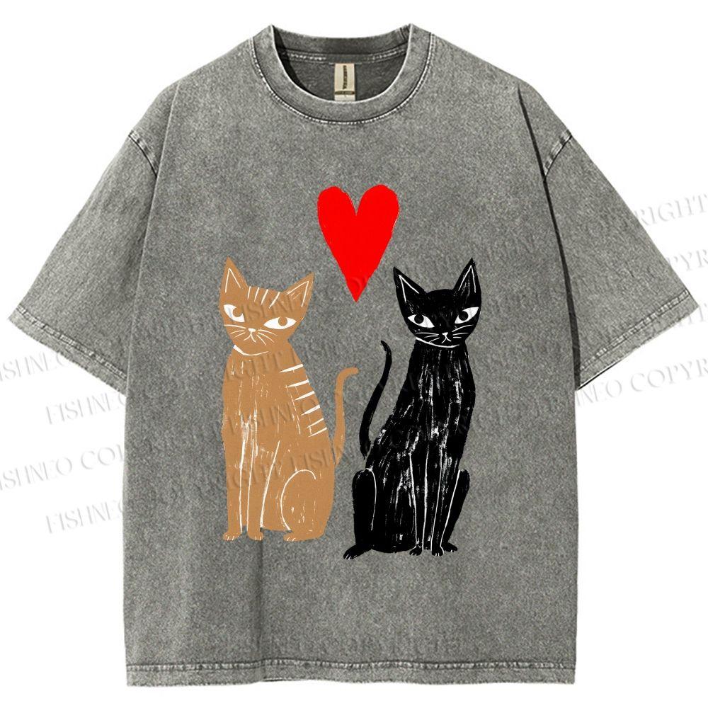 Unisex Heart Cat Printed Washed Tee
