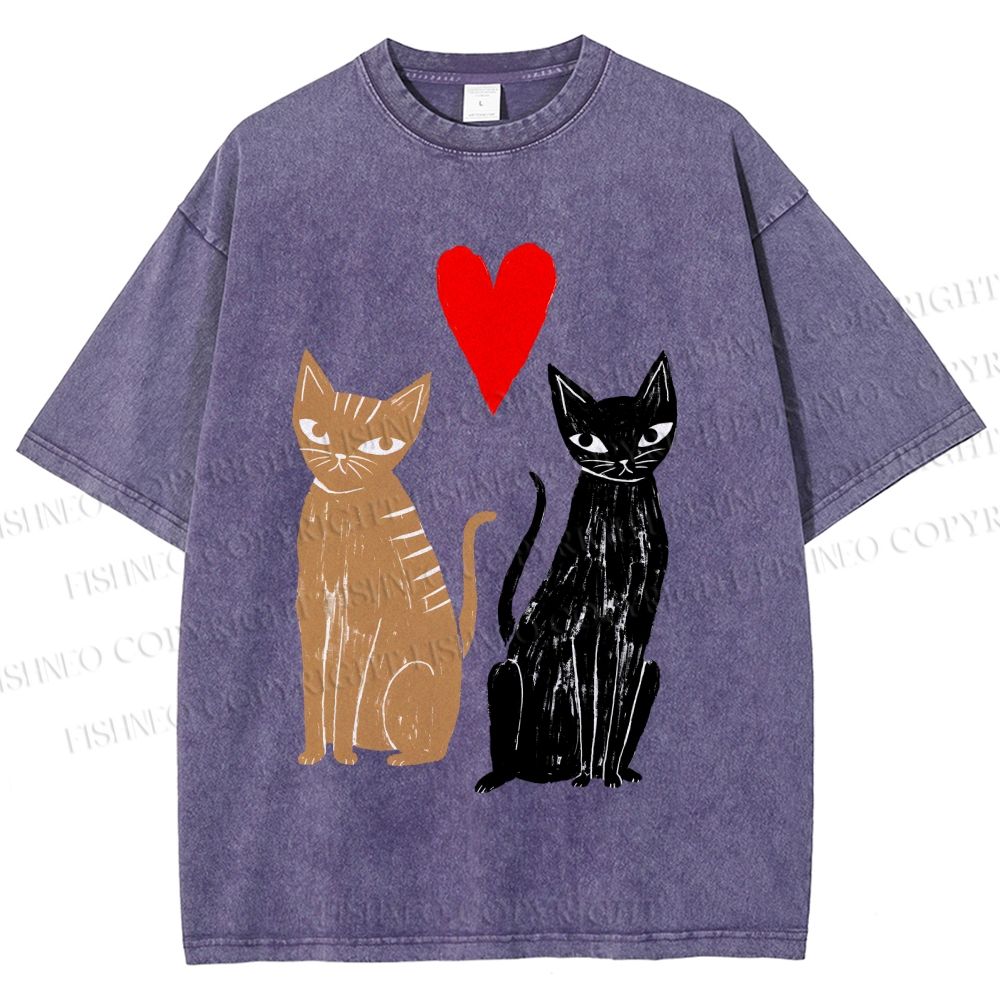 Unisex Heart Cat Printed Washed Tee