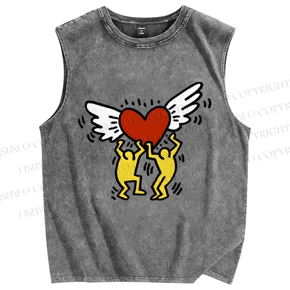 Unisex Keith Haring Hold Your Heart Printed Washed Tank Top