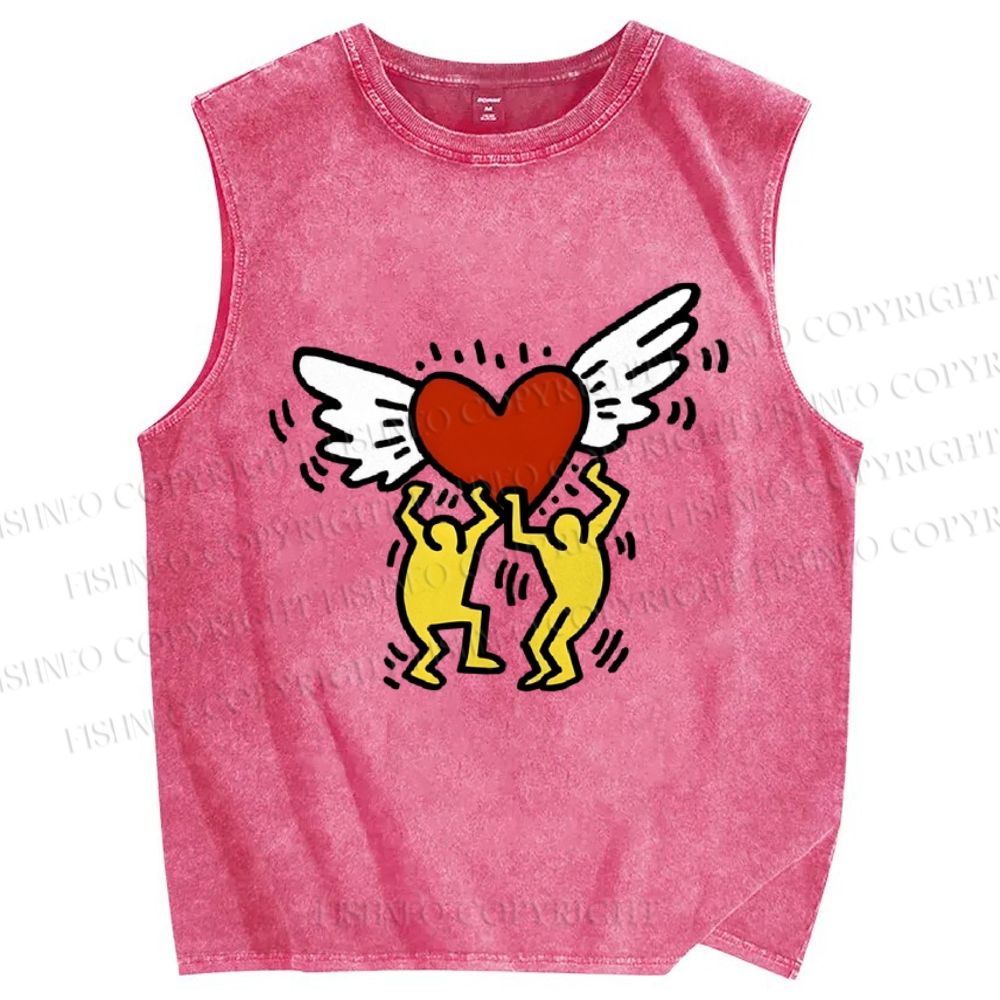 Unisex Keith Haring Hold Your Heart Printed Washed Tank Top