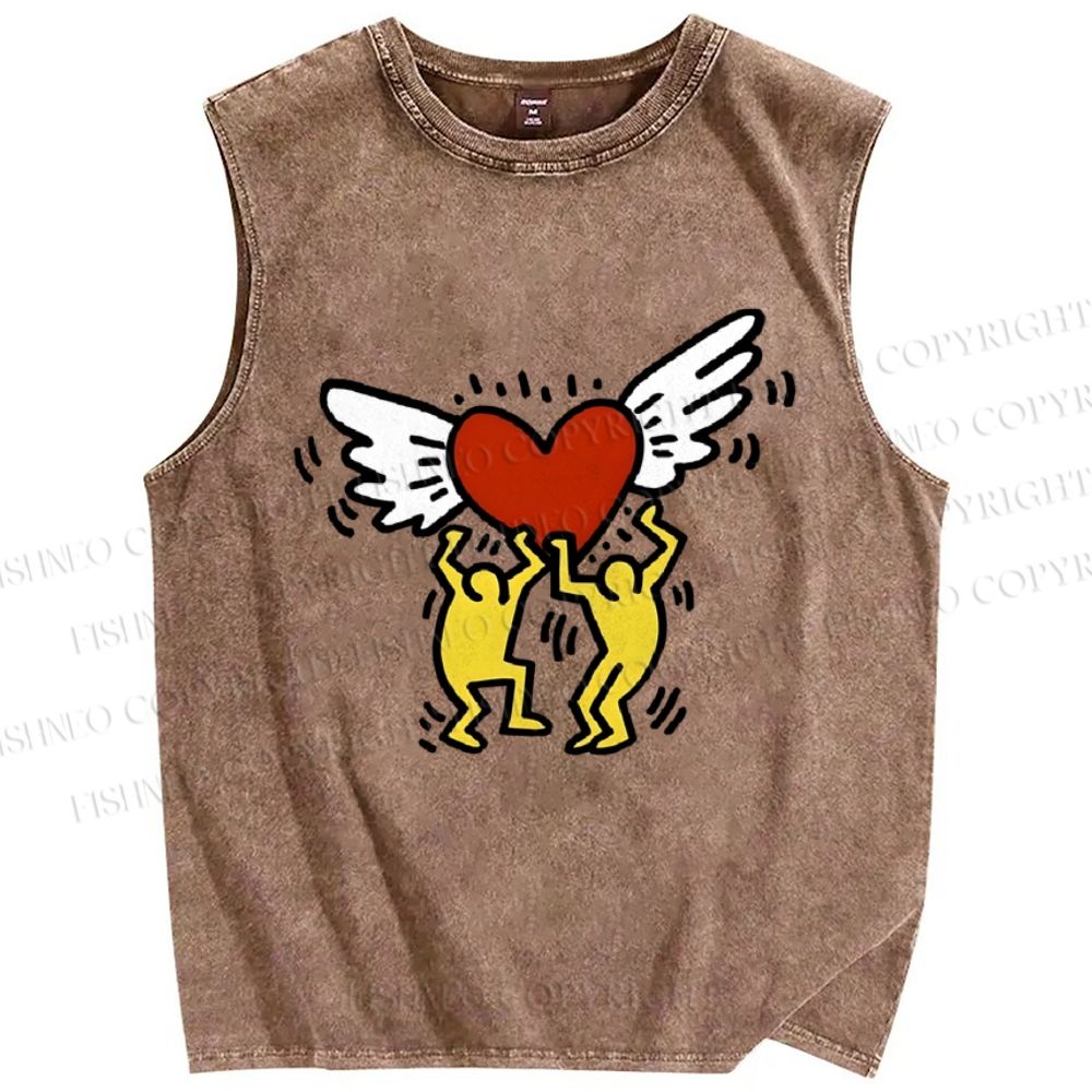 Unisex Keith Haring Hold Your Heart Printed Washed Tank Top
