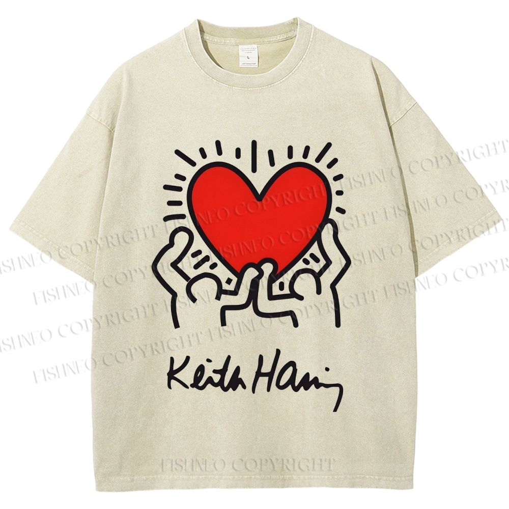 Unisex Keith Haring Hold Your Heart Printed Washed Tee