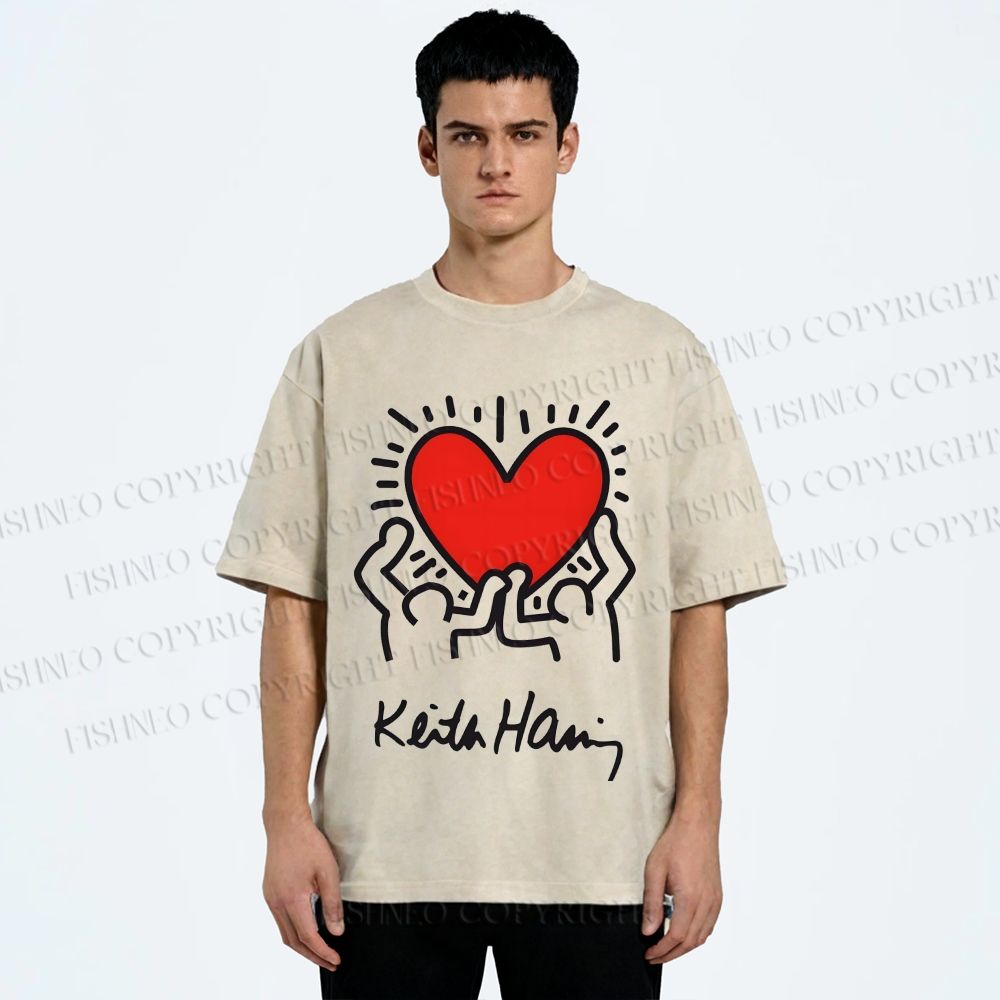 Unisex Keith Haring Hold Your Heart Printed Washed Tee
