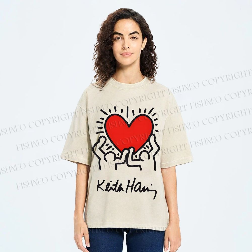 Unisex Keith Haring Hold Your Heart Printed Washed Tee