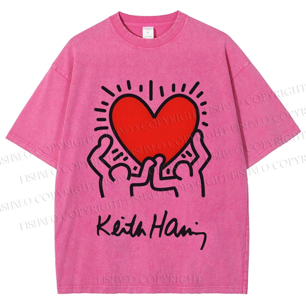 Unisex Keith Haring Hold Your Heart Printed Washed Tee