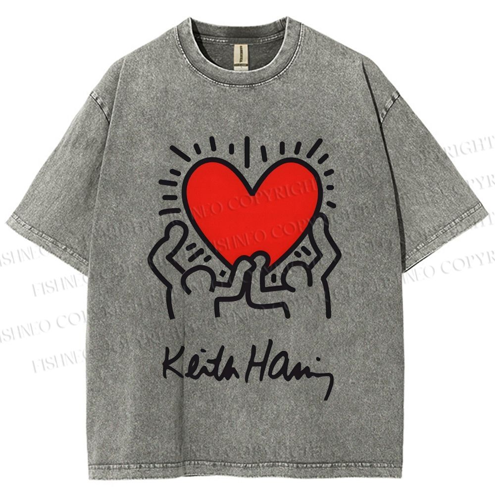 Unisex Keith Haring Hold Your Heart Printed Washed Tee