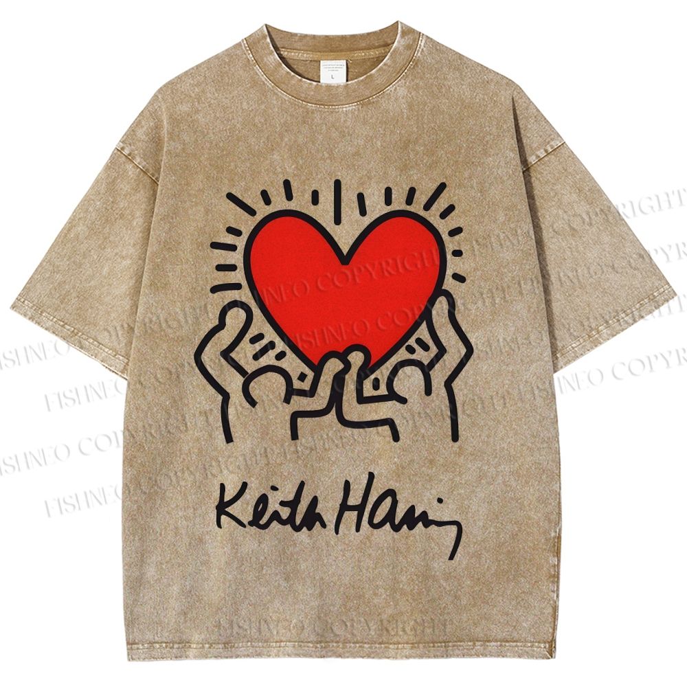 Unisex Keith Haring Hold Your Heart Printed Washed Tee