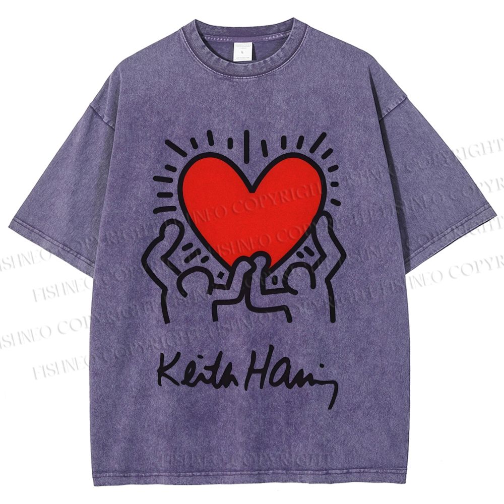 Unisex Keith Haring Hold Your Heart Printed Washed Tee