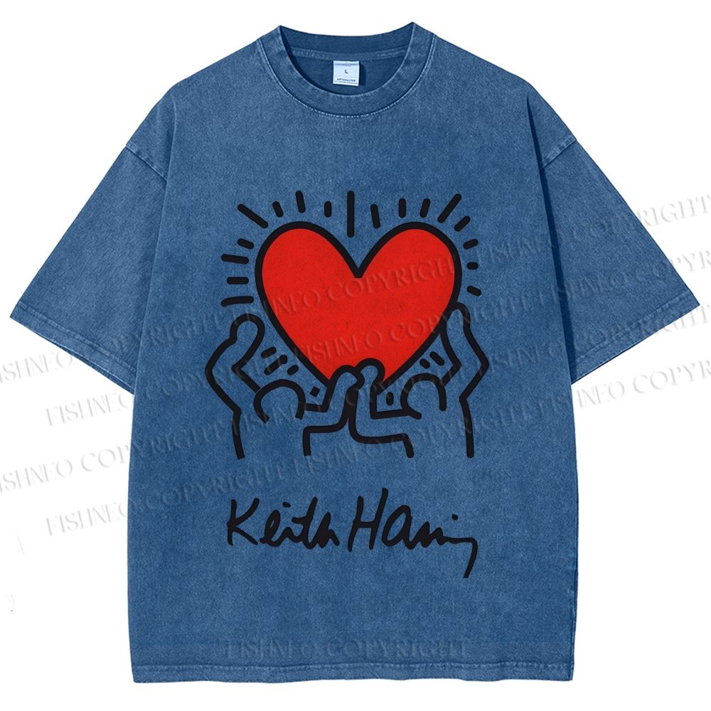 Unisex Keith Haring Hold Your Heart Printed Washed Tee
