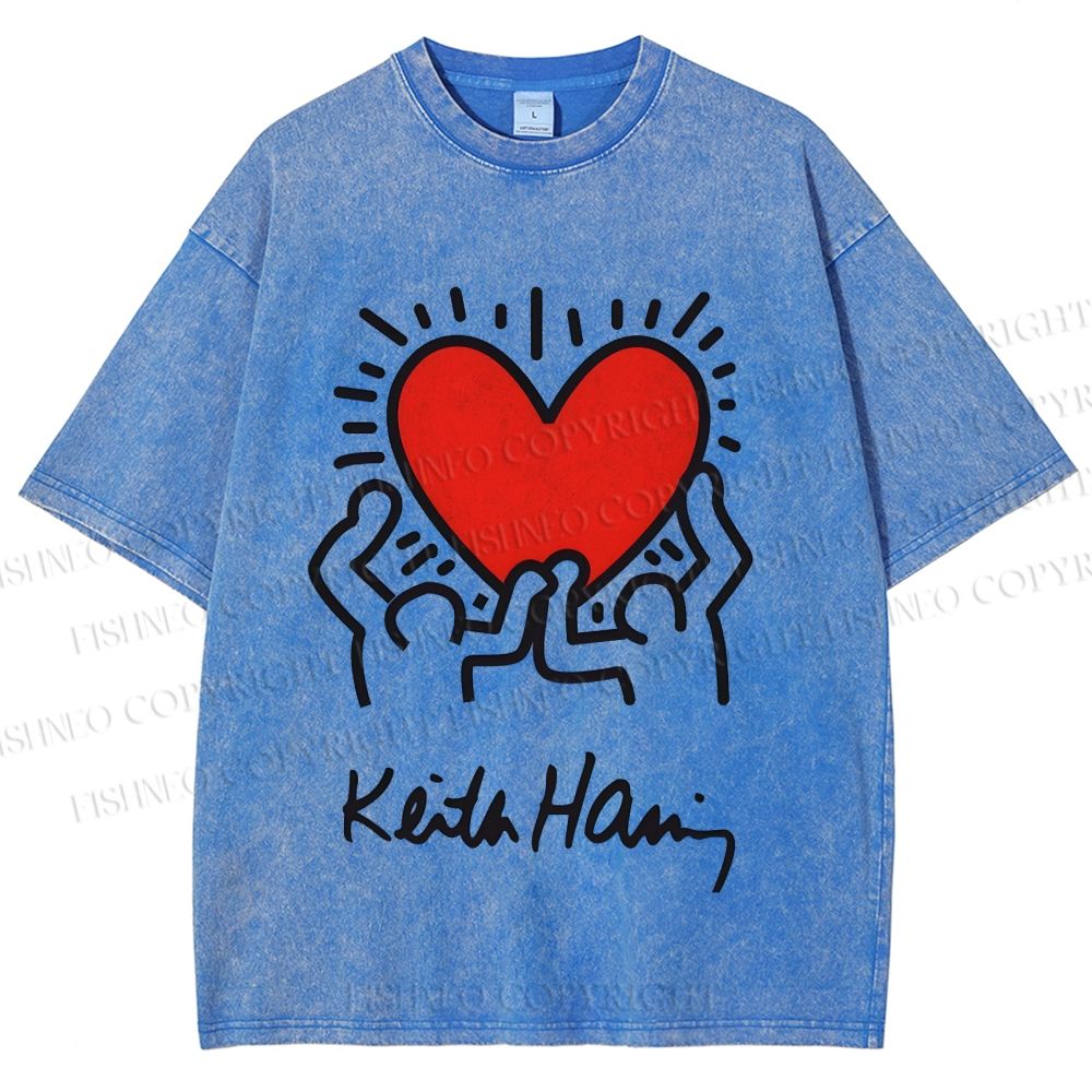 Unisex Keith Haring Hold Your Heart Printed Washed Tee