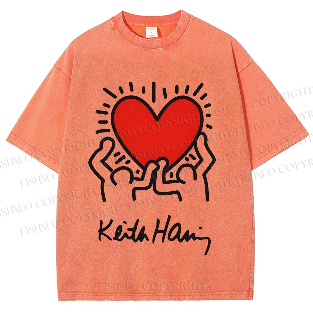 Unisex Keith Haring Hold Your Heart Printed Washed Tee