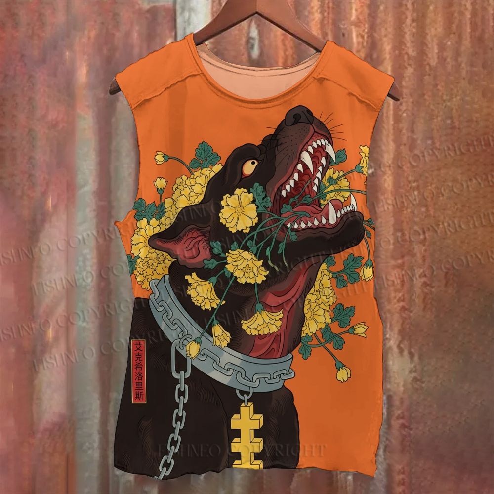 Unisex Casual Flowers Black Dog Printed Tank Top