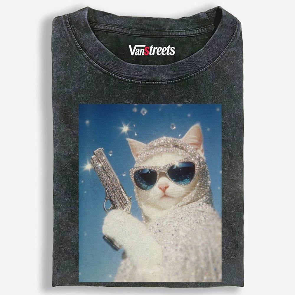 Bling Gun Cat Retro Washed T-Shirt | 100% Cotton | Streetwear Essential