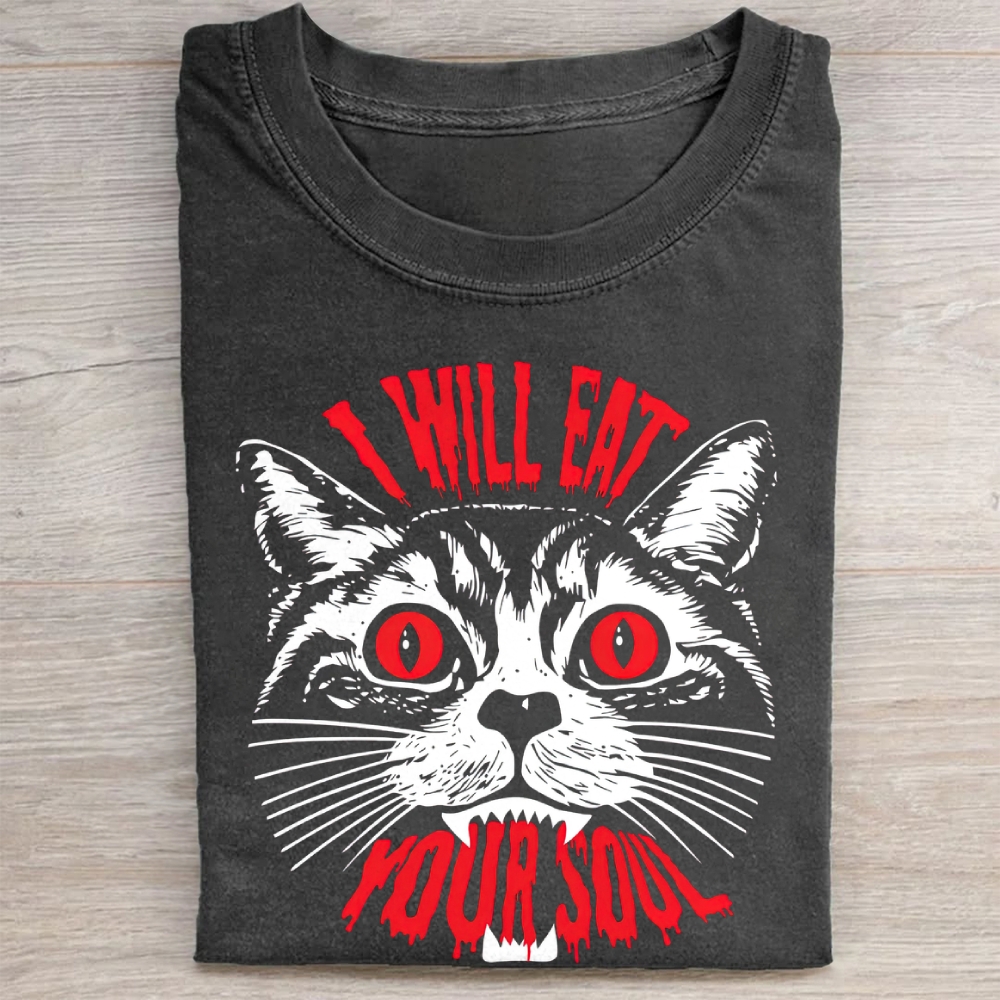 "I Will Eat Your Soul" Evil Cat Graphic Vintage Washed Tee 
