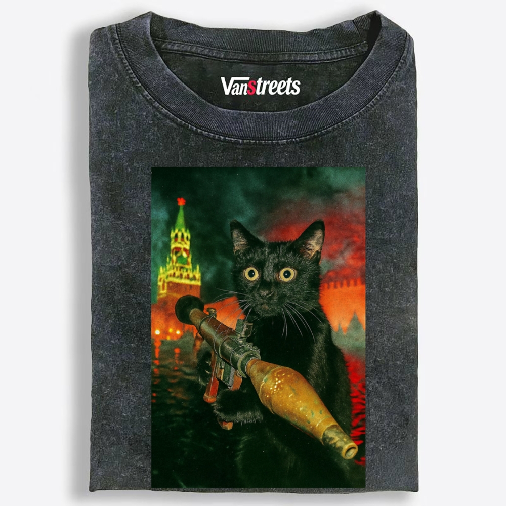Kremlin Rocket Meow Retro Washed T-Shirt | 100% Cotton | Streetwear Essential