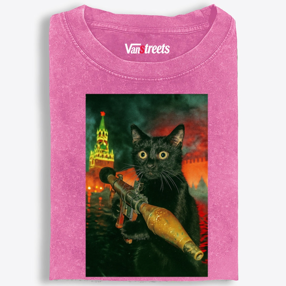 Kremlin Rocket Meow Retro Washed T-Shirt | 100% Cotton | Streetwear Essential