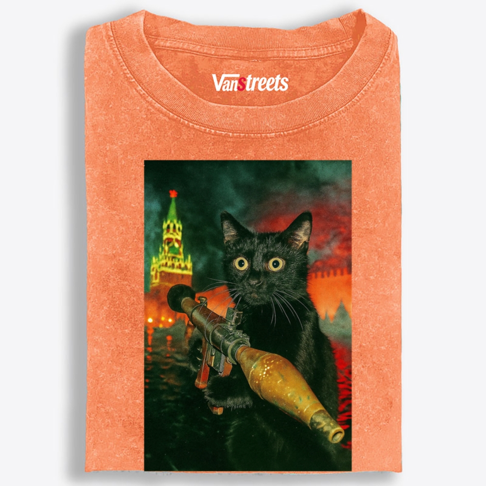 Kremlin Rocket Meow Retro Washed T-Shirt | 100% Cotton | Streetwear Essential