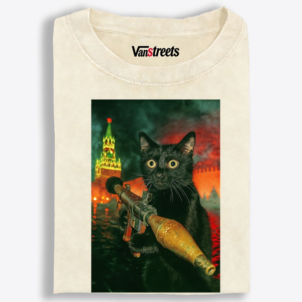 Kremlin Rocket Meow Retro Washed T-Shirt | 100% Cotton | Streetwear Essential