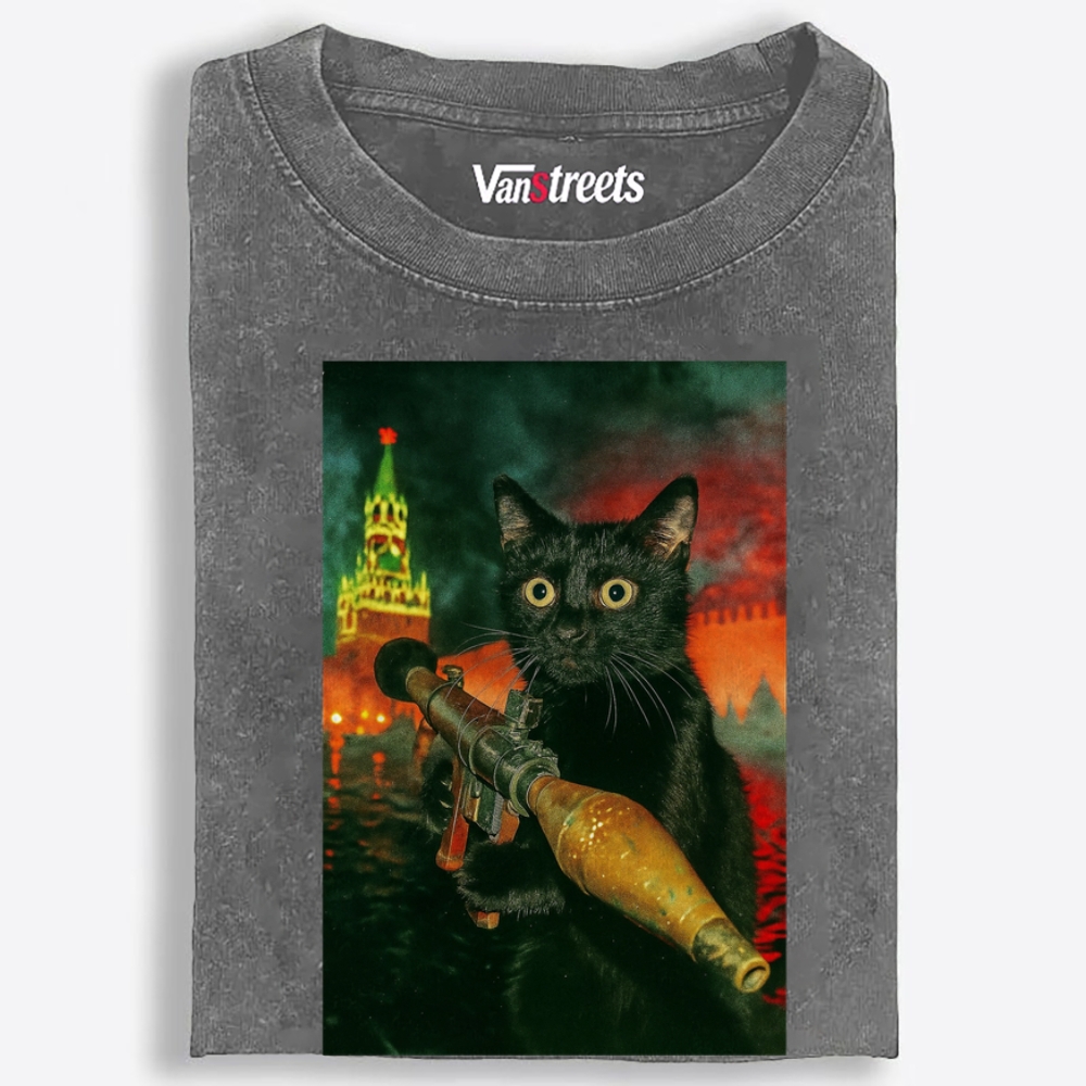 Kremlin Rocket Meow Retro Washed T-Shirt | 100% Cotton | Streetwear Essential